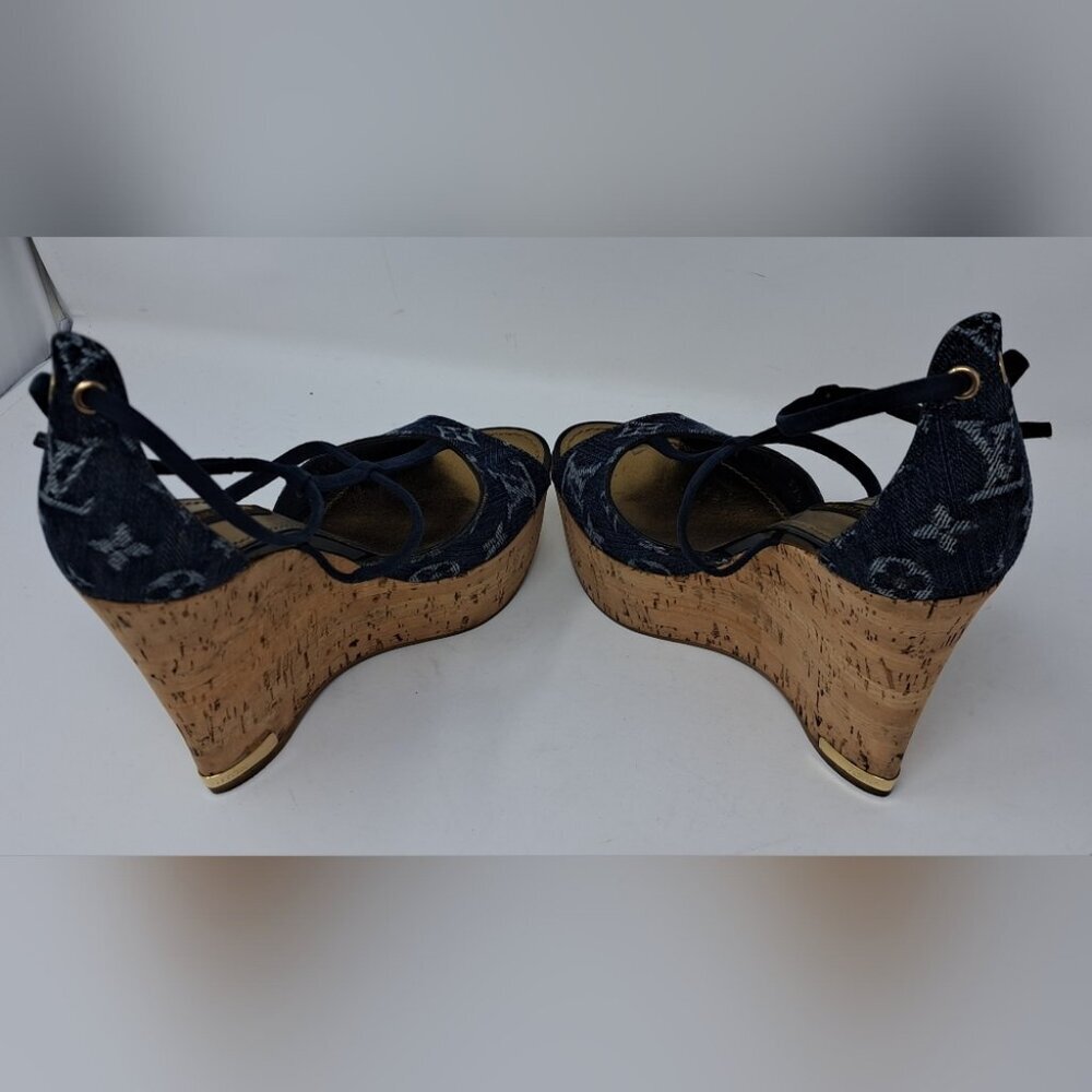 Louis Vuitton Monogram Denim Wedge Platform Ankle Wrap Pumps Shoes 7.5 / 37.5 EU - Picture 8 of 16